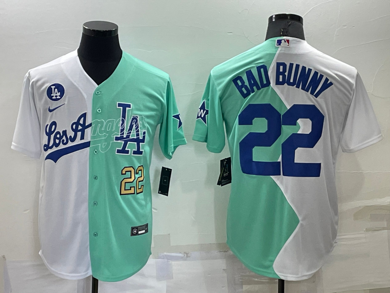 Men's Los Angeles Dodgers #22 Bad Bunny 2022 All-Star White/Green Cool Base Stitched Baseball Jersey Men's Los Angeles Dodgers #22 Bad Bunny 2022 All-Star White/Green Cool Base Stitched Baseball Jersey